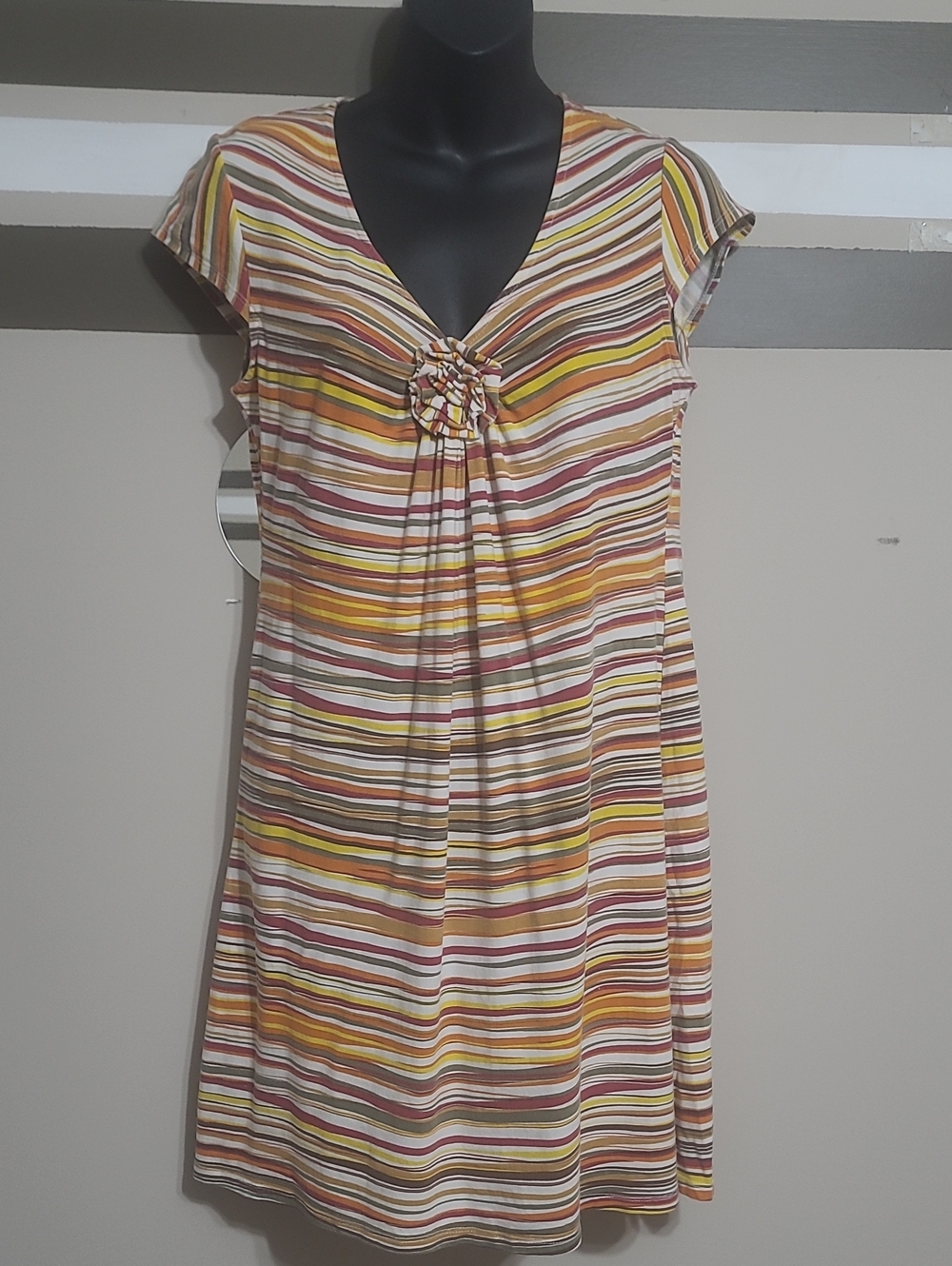 Adventura Multi-Coloured Striped V-Neck  Organic Cotton Dress Sz Med